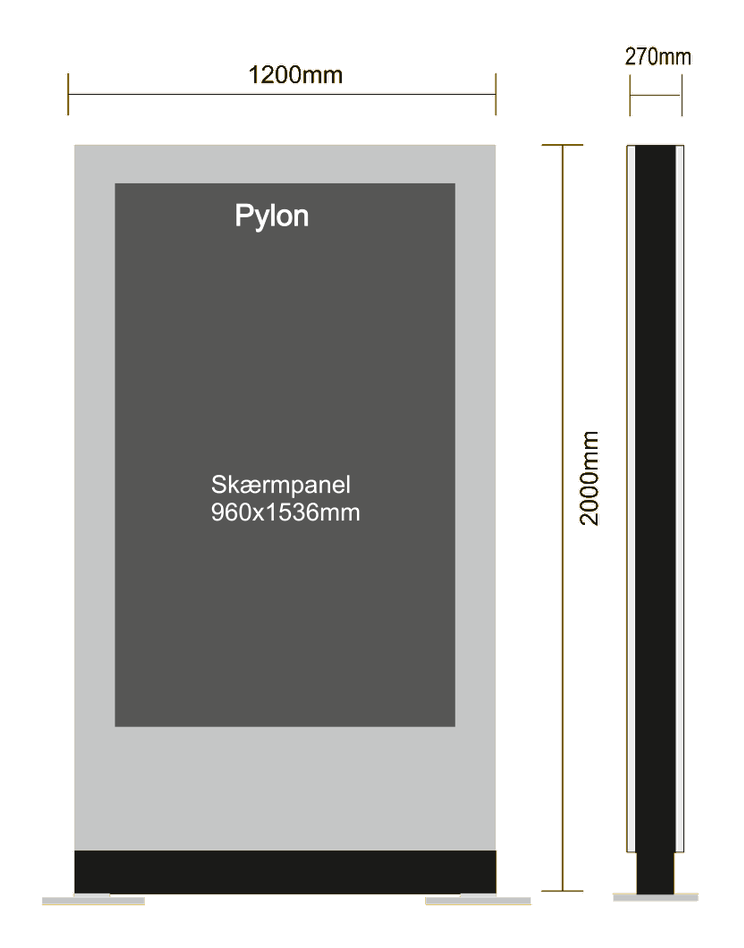 Målskitse af en pylon set forfra og fra siden: 1200 mm bred, 2000 mm høj og 270 mm dyb, med et skærmpanel på 960 x 1536 mm